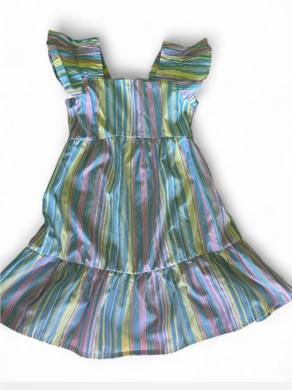 Pastel striped Little girls Cottagecore prairie dress colorful with gold shimmer